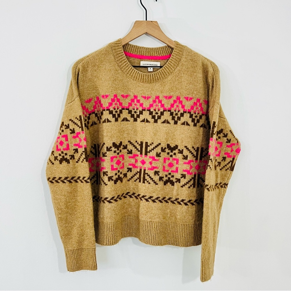 Lucky Brand Fairisle Crewneck Stretch Knit Camel Sweater Pullover Comfy Cozy M